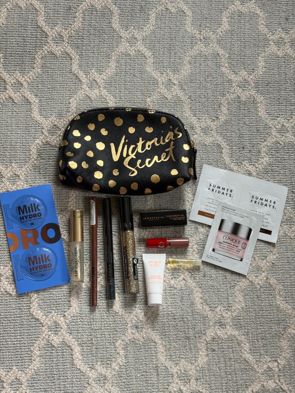 Victoria's Secret Black & Gold Polka Dot Makeup Pouch with Samples